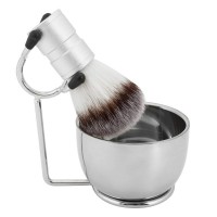 Mens Stainless Steel Shaving Brush Stand Set and Shaving Soap Bowl